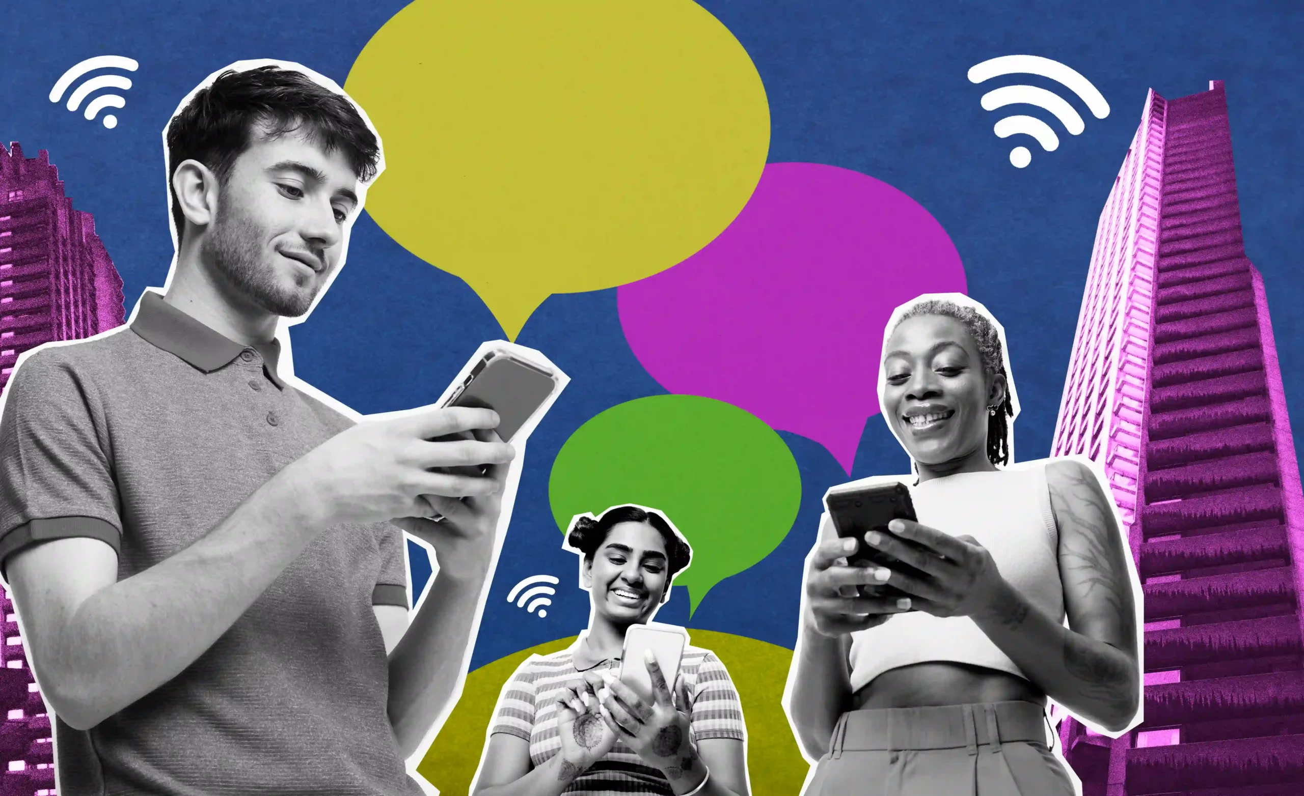Teens on their phones smiling