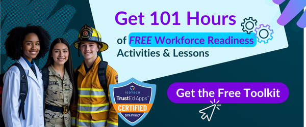 Career-themed image promoting free K–12 workforce readiness toolkit and 101 hours of lessons.