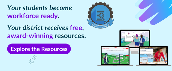Laptops showing EVERFI’s free K-12 workforce readiness lessons and award-winning education program badge.