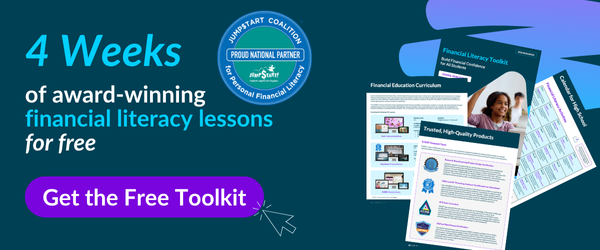 Personal finance image promoting free K–12 financial literacy toolkit and 4 weeks of lessons.