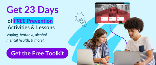 Image of students learning prevention skills, promoting free K–12 prevention toolkit and 23 days of lessons.