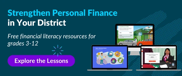 Laptops showing EVERFI’s free K-12 financial literacy lessons for grades 3-12.