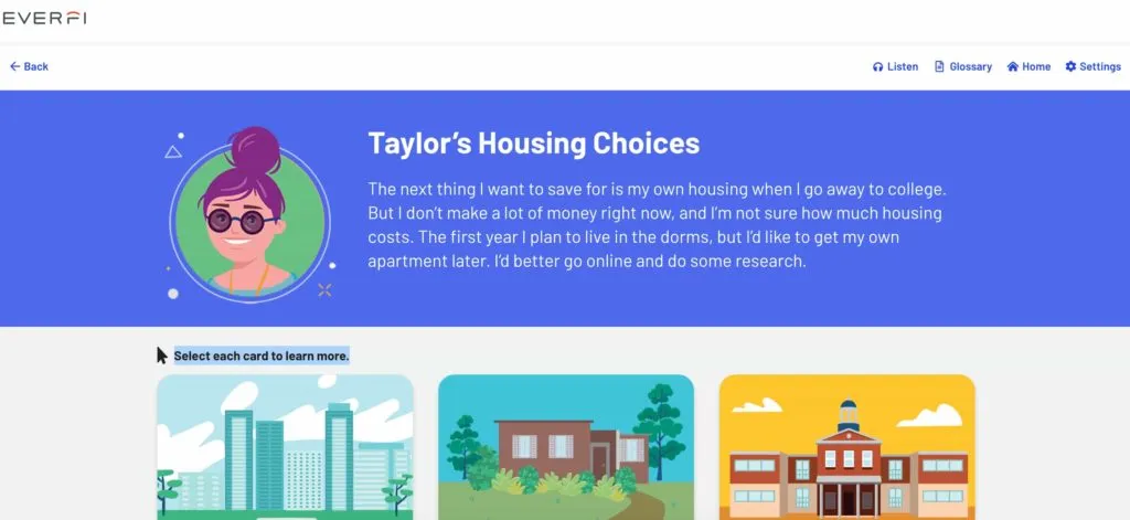 Taylor's Housing Choices - screenshot example of lesson plan