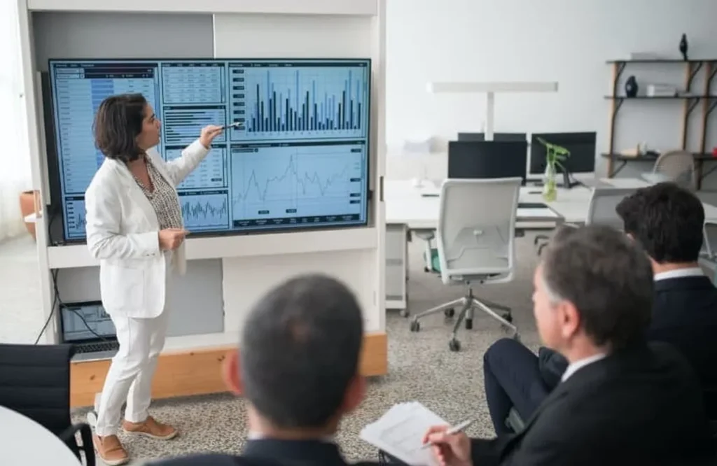 People at a business meeting looking at spreadsheets.