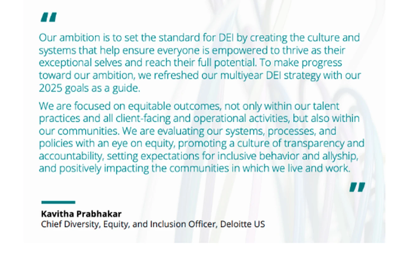 Our ambition is to set the standard for DEl by creating the culture and systems that help ensure everyone is empowered to thrive as their exceptional selves and reach their full potential. To make progress toward our ambition, we refreshed our multiyear DEI strategy with our 2025 goals as a guide.
We are focused on equitable outcomes, not only within our talent practices and all client-facing and operational activities, but also within our communities. We are evaluating our systems, processes, and policies with an eye on equity, promoting a culture of transparency and accountability, setting expectations for inclusive behavior and allyship, and positively impacting the communities in which we live and work.
Kavitha Prabhakar
Chief Diversity, Equity, and Inclusion Officer, Deloitte US
