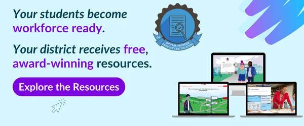 Laptops showing EVERFI’s free K-12 workforce readiness lessons and award-winning education program badge.