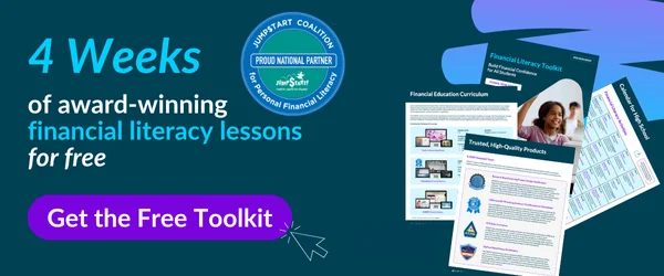 Personal finance image promoting free K–12 financial literacy toolkit and 4 weeks of lessons.