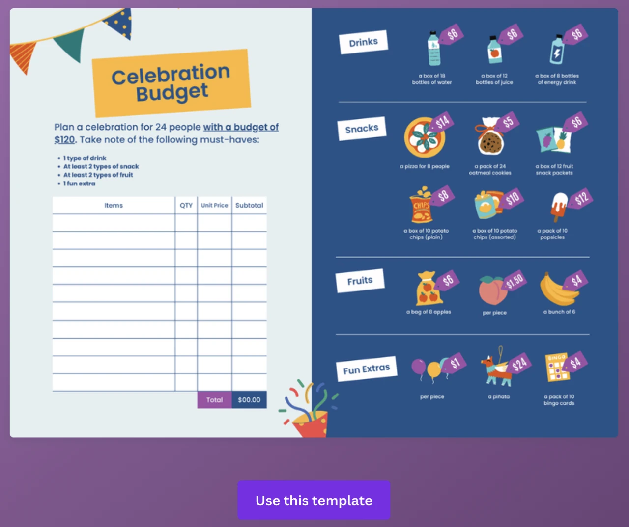 celebration budget template