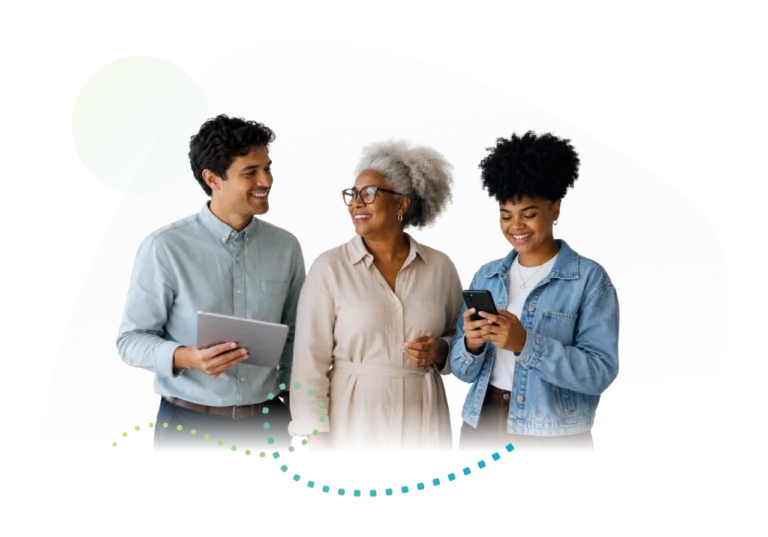 Three people of varying ages standing together and smiling